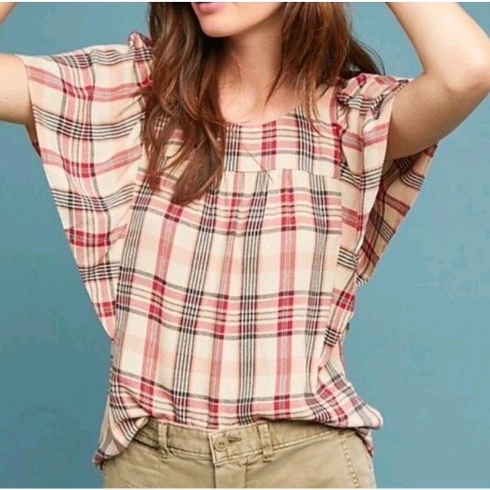 Anthro Maeve Priscilla Plaid Top L Red Flutter Sleeve Coastal Cowgirl Cottagecor